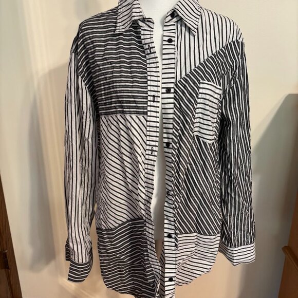 SOLID & STRIPED Women's Black & White Metallic Long Sleeve Button Top - Large - Picture 1 of 11